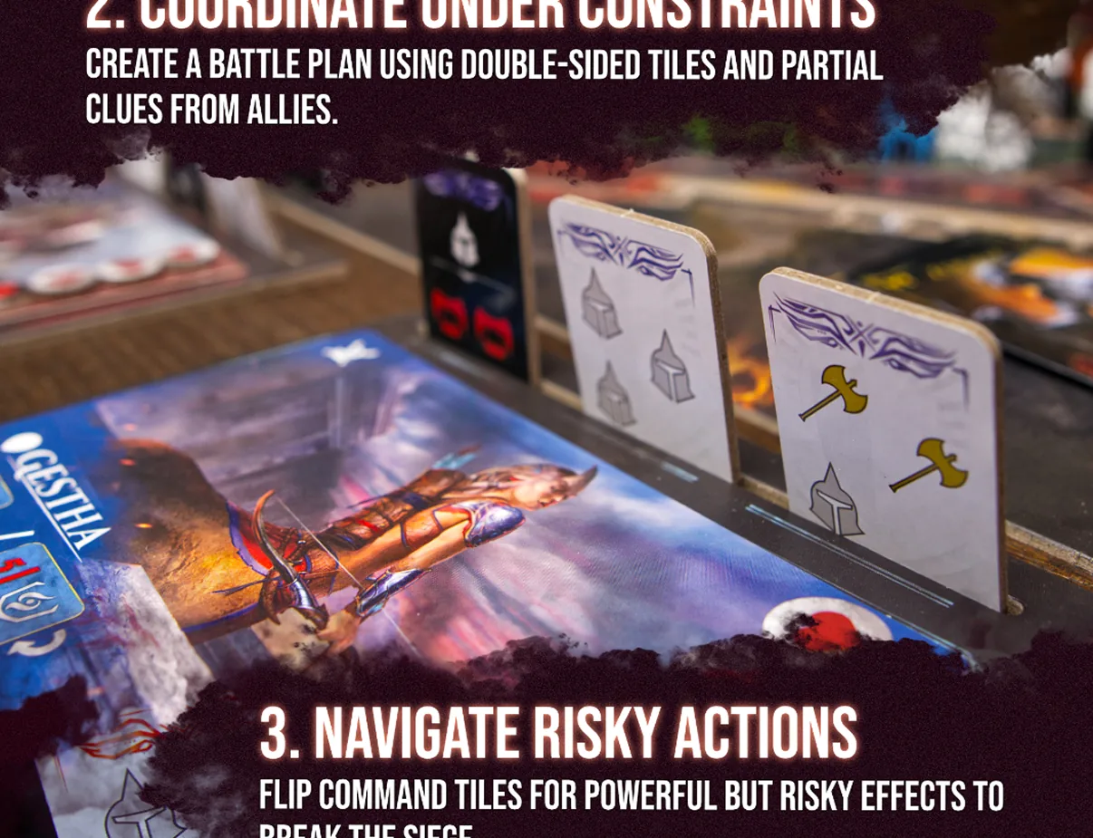 3. Navigate risky actions: flip command tiles for powerful but risky effects to break the siege