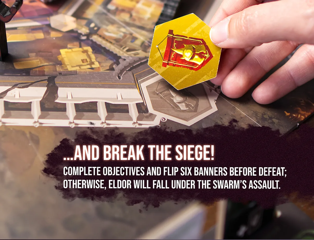 ...and break the siege! Complete objectives and flip six banners before defeat; otherwise, Eldor will fall under the swarm's assault