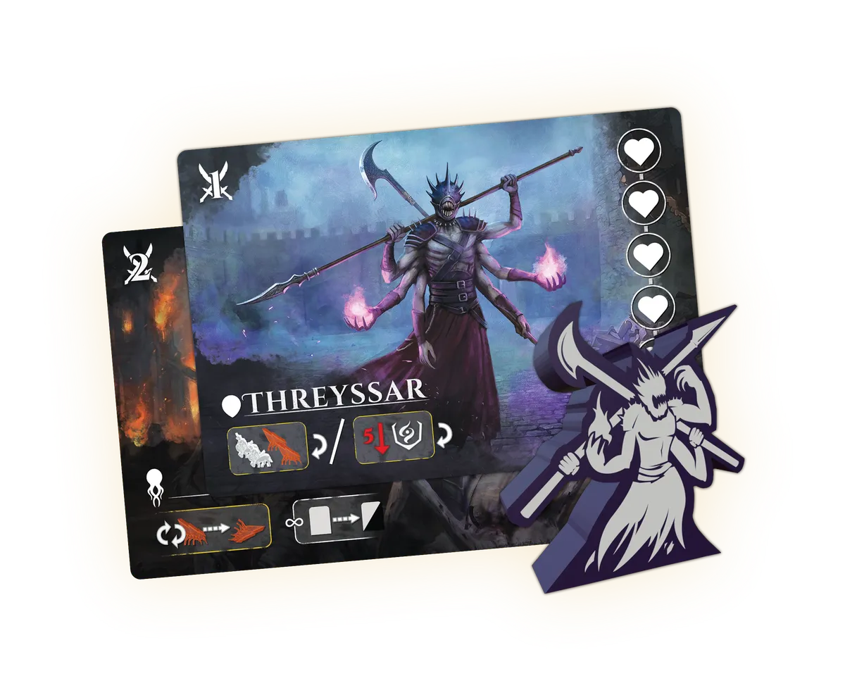 Threyssar, the exclusive early bird hero: hero card and wooden meeple