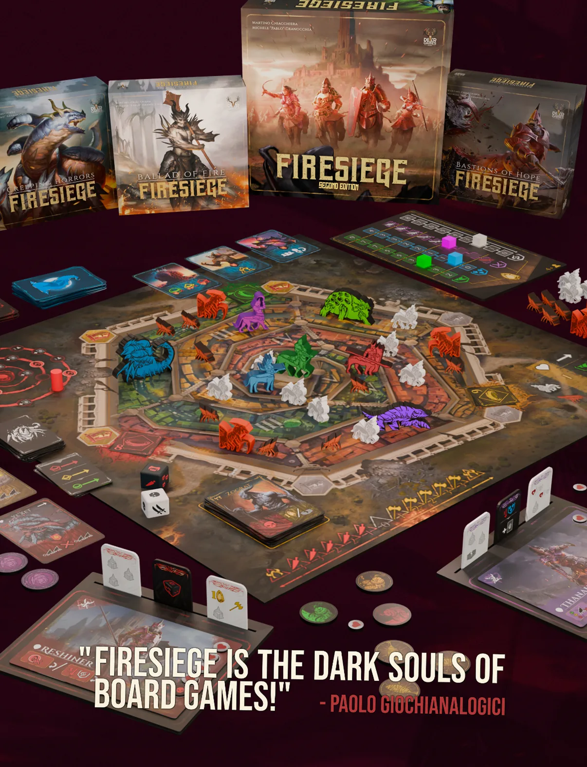 Firesiege Second Edition with the Creeping Horrors, Ballad of Fire and Bastions of Hope expansions set up on the table. 'Firesiege is the Dark Souls of board games!' - Paolo Giochianalogici